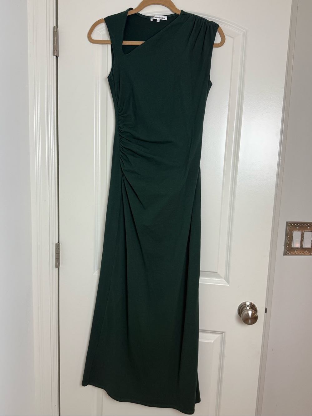 Reformation One-Shoulder Dark Green Ruched Evening Gown